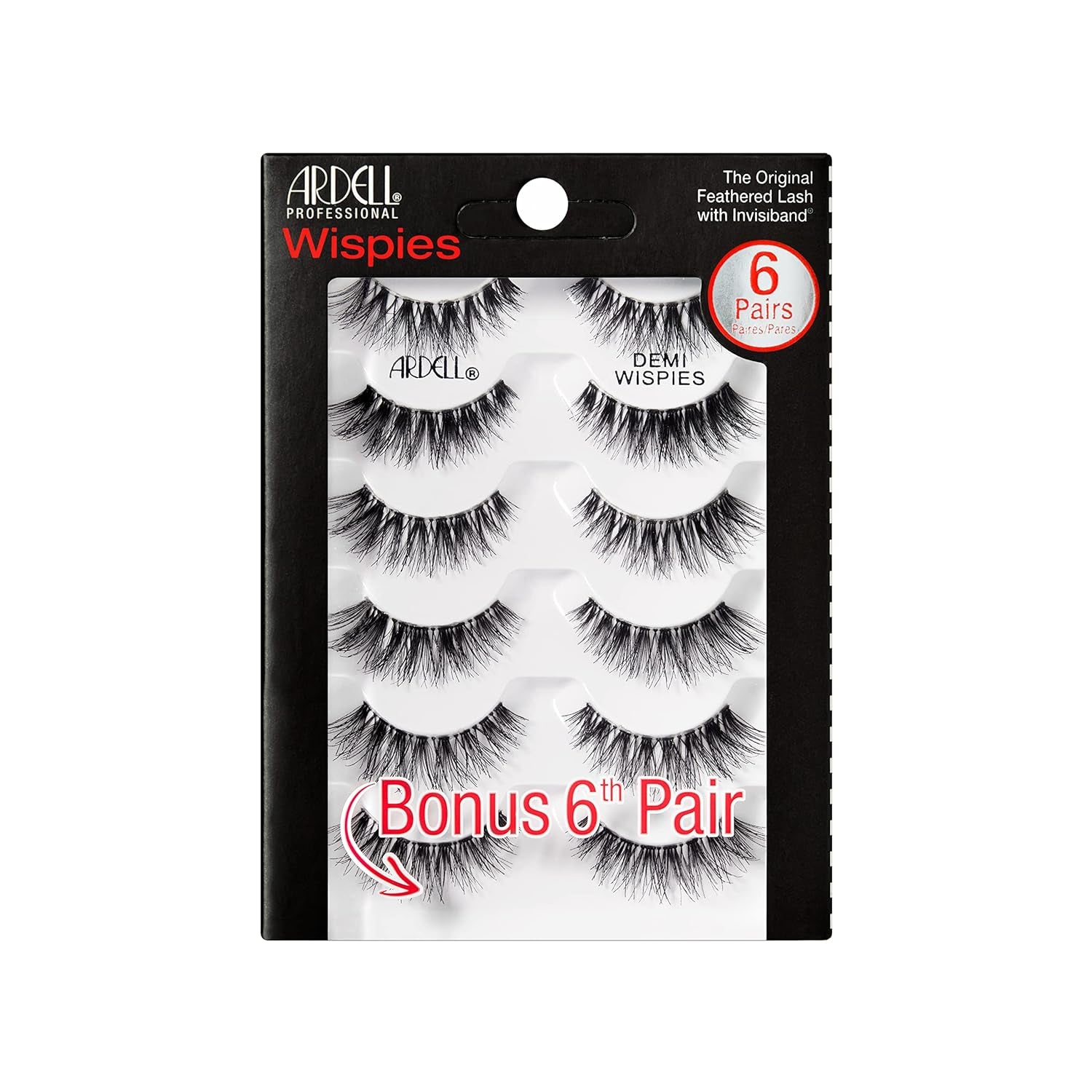 Demi Wispies Eyelashes - Black, the Original Feathered Lash Demi Lashes, Reusable Invisiband Strip Lashes, 6 Pairs, 1 Pack
