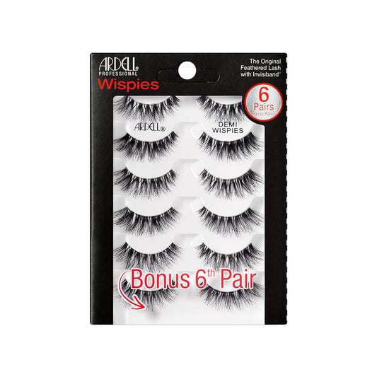 Demi Wispies Eyelashes - Black, the Original Feathered Lash Demi Lashes, Reusable Invisiband Strip Lashes, 6 Pairs, 1 Pack