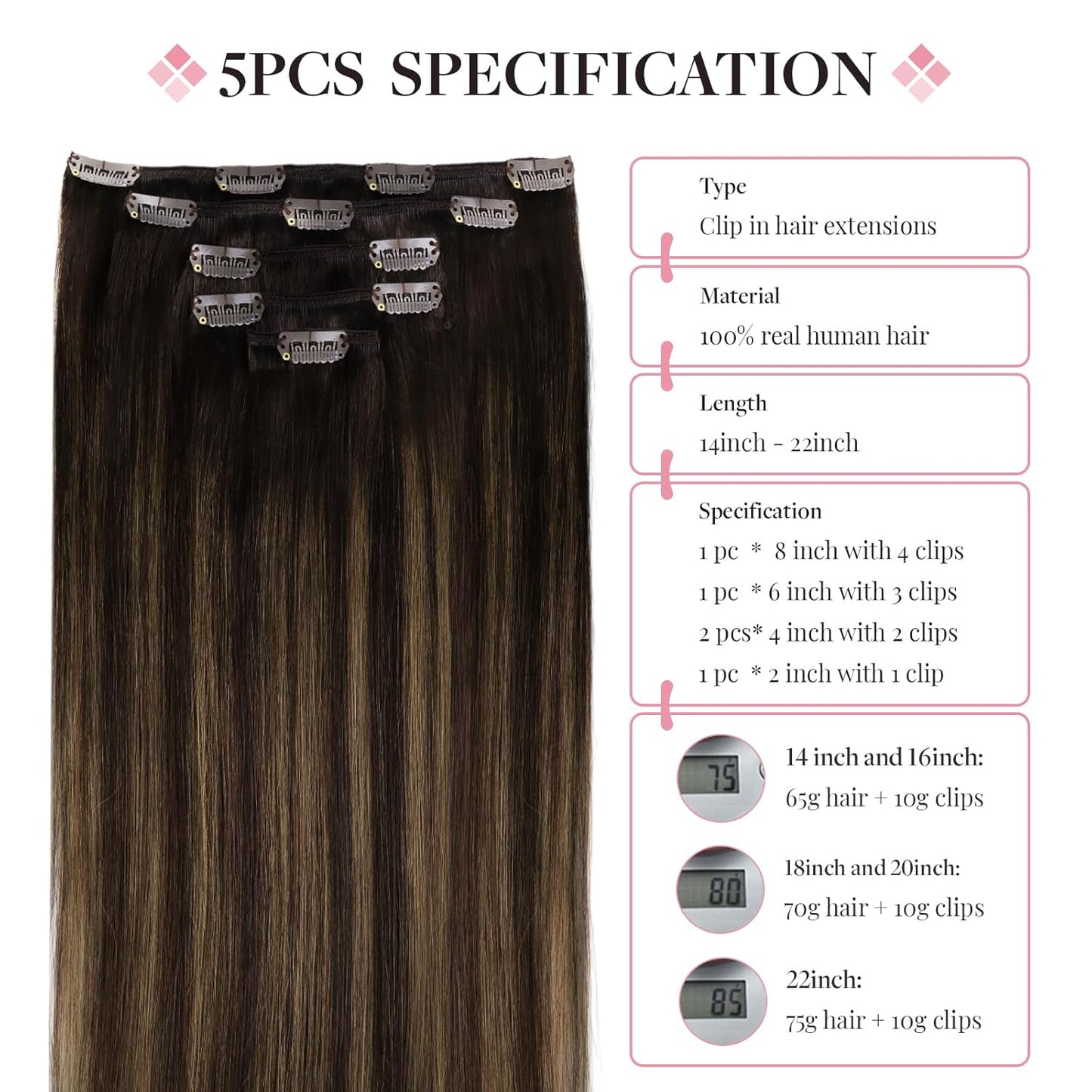 Hair Extensions Clip in Human Hair, 5Pcs 75G Balayage Dark Brown Mixed Chestnut Brown 16 Inch, Clip in Hair Extensions Real Human Hair Extensions Natural Straight Hair for Women