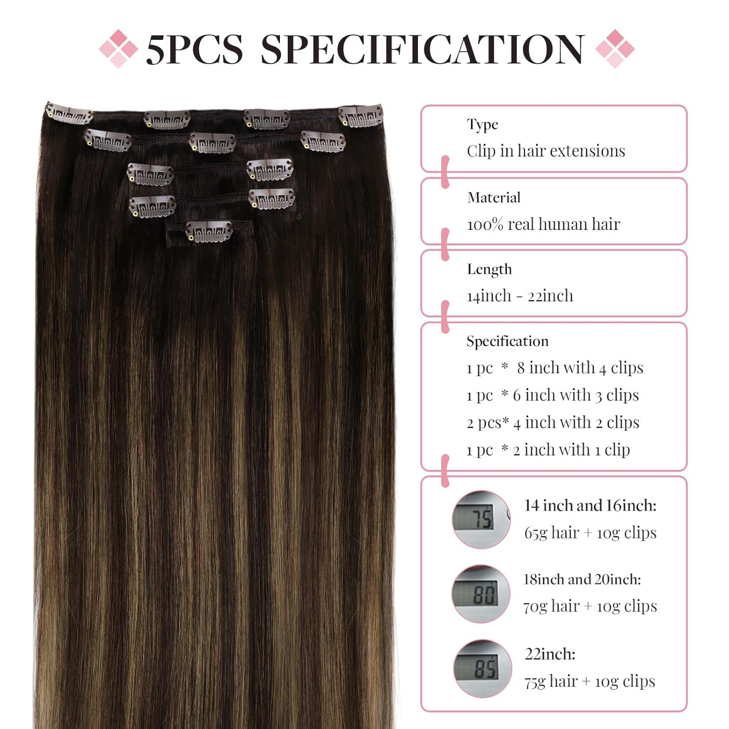 Hair Extensions Clip in Human Hair, 5Pcs 75G Balayage Dark Brown Mixed Chestnut Brown 16 Inch, Clip in Hair Extensions Real Human Hair Extensions Natural Straight Hair for Women