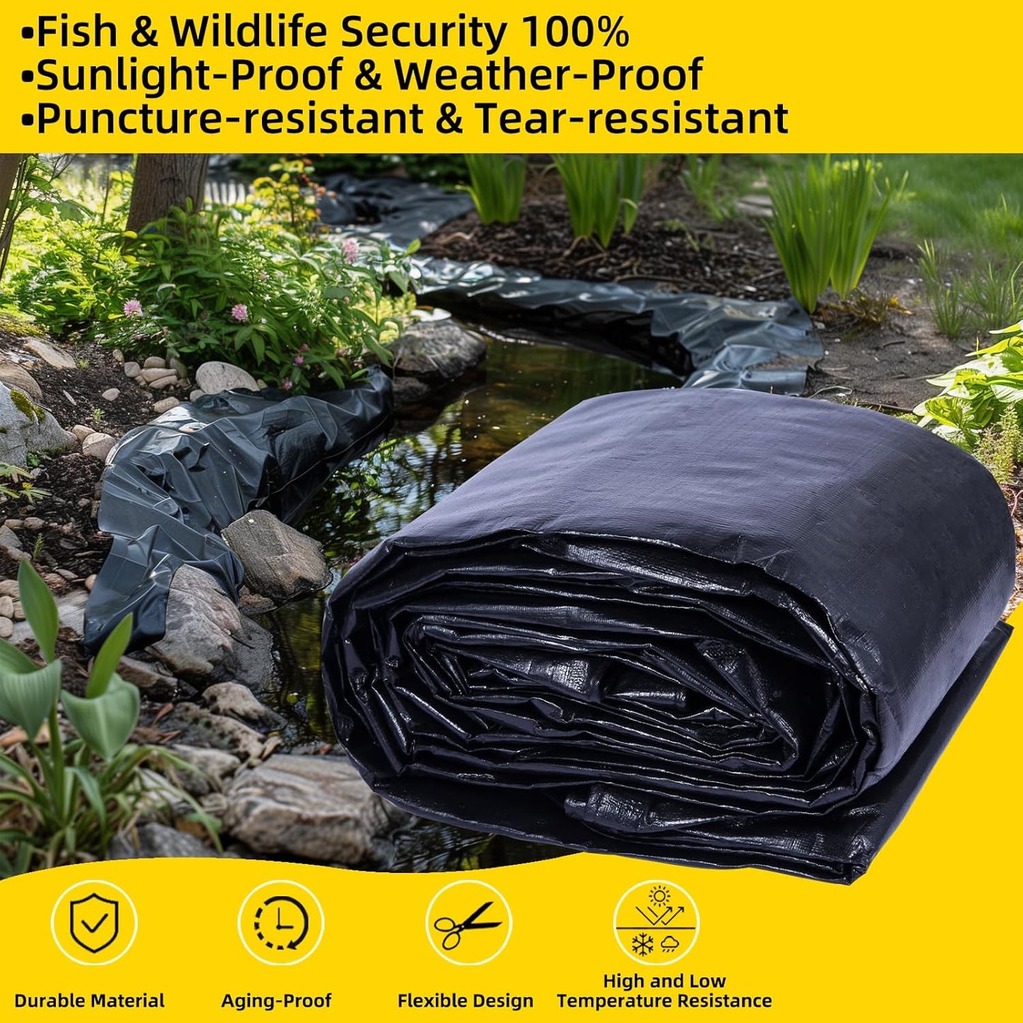 Pond Liner,15X20Ft Pond Liners for Outdoor,28Mil PE Black Koi Fish Pond Liners,Reinforced Pond Underlayment for Water Garden,Waterfall,Fountain