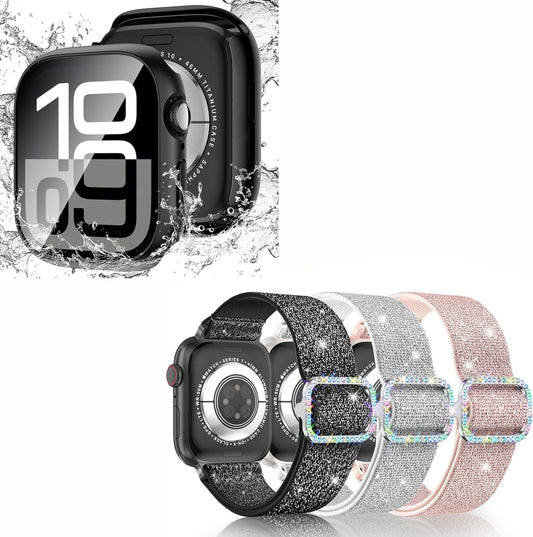 Waterproof Case and Glitter Stretchy Bands Compatible with Apple Watch Series 10 42Mm