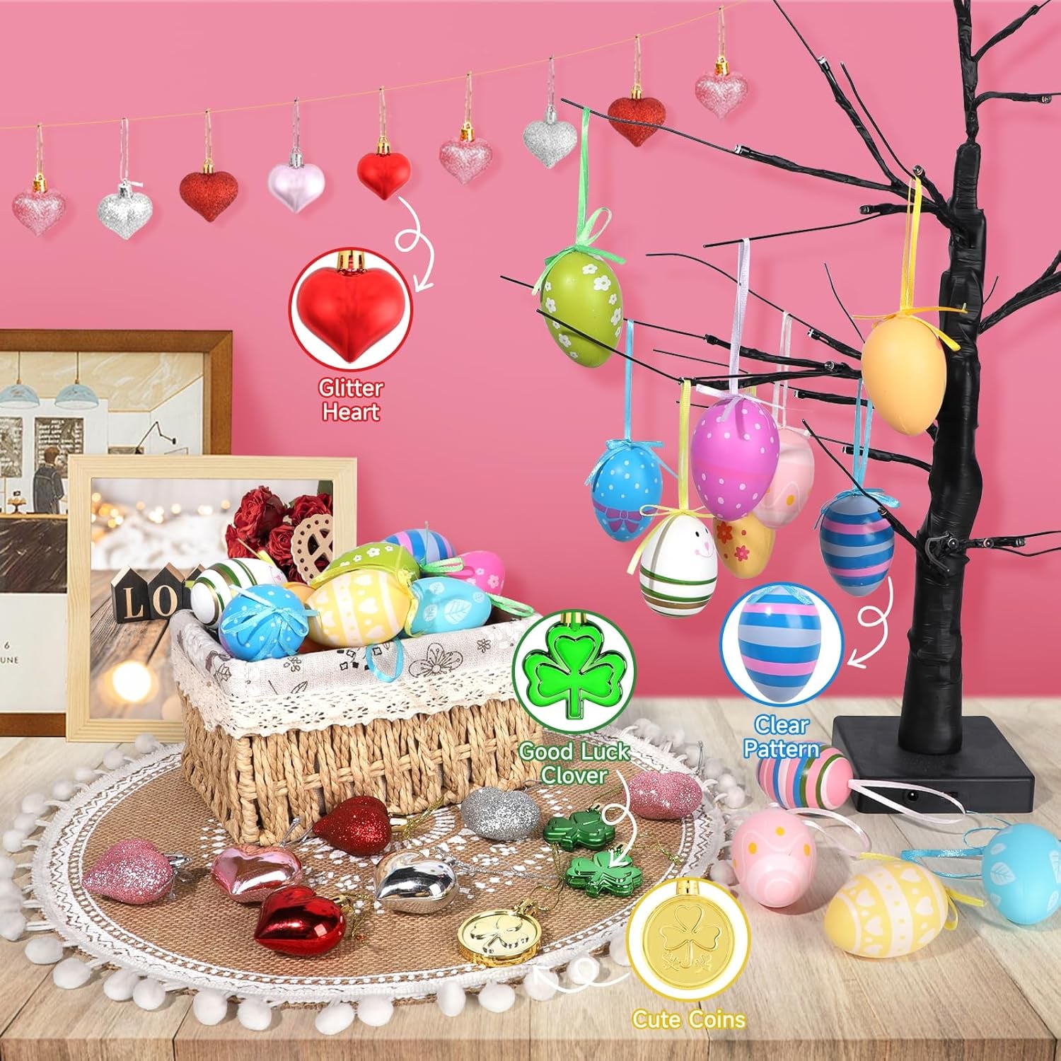 Valentines Day Decor Tree Decorations Set, 108 PCS Hanging Ornaments for Valentine'S Day St Patricks Easter, Romantic Decor Glitter Heart Shamrock Easter Egg for the Home Wedding Dinner Gifts Table