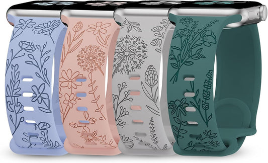 4 Pack Floral Engraved Bands Compatible with Apple Watch Bands 38Mm 40Mm 41Mm 42Mm 44Mm 45Mm 49Mm Women