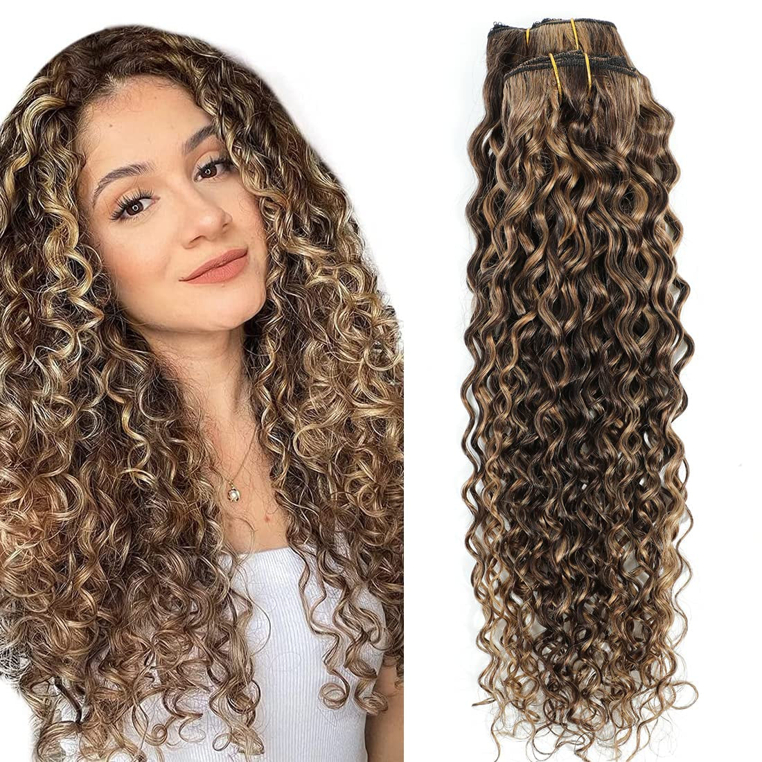 Human Hair Clip in Extensions for Black Women 4/27 Water Wavy Curly Clip in Hair Extensions Real Human Hair 4/27 Chocolate Brown Mix Blonde  Highlight Clip Ins Natural Hair 10Pcs/120G