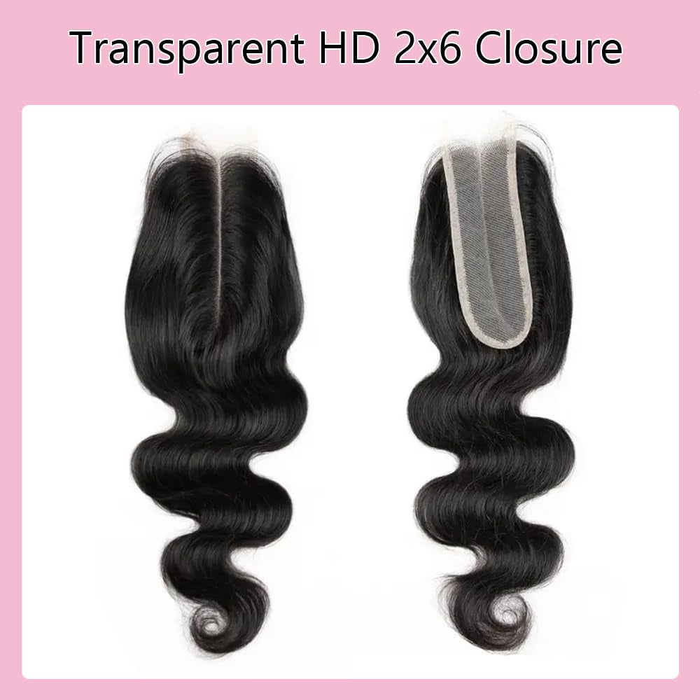 Body Wave Human Hair Bundles with Closure (16 18 20 +14) Brazilian 2X6 HD Lace Closure with Bundles 10A Grade Unprocessed Virgin Hair Bundles with Closure Natural Black Color