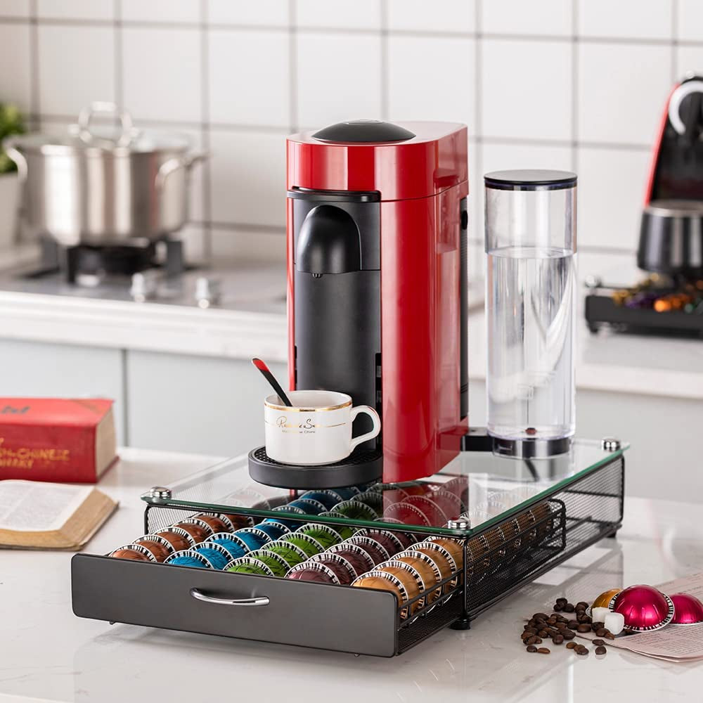 Vertuo Pod Holder Storage Drawer for Nespresso Vertuo Capsule Organizer Drawer Tray with Mesh Shelves for Nespresso Vertuo Holder Black Metal (40 Pods Capacity)
