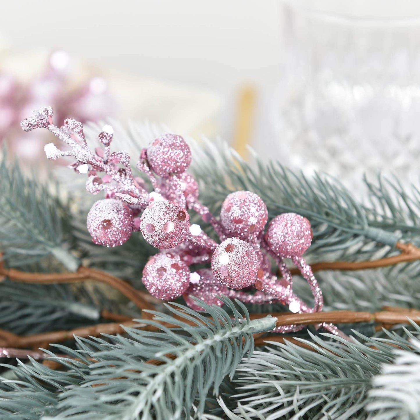 16 Pack Christmas Glitter Berries Stems, 8" Artificial Christmas Picks Snowy Berry Stems for Christmas Tree Ornaments, DIY Xmas Wreath, Crafts, Holiday and Home Decor (Pink)