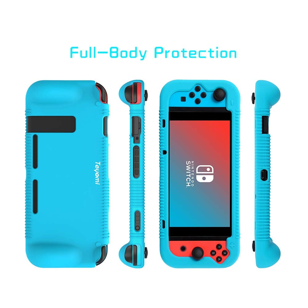 Protective Silicone Case for Nintendo Switch, Grip Cover with Tempered Glass Screen Protector, 2 Storage Slots for Game Cards, Shock-Absorption & Anti-Scratch (Blue)