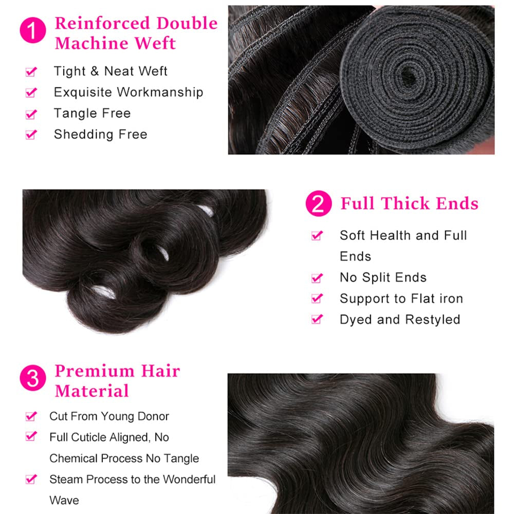 Body Wave Human Hair Bundles with Closure 100% Unprocessed Brazilian Virgin Human Hair 3 Bundles Body Wave with 4X4 Free Part Lace Closure Natural Black Hair Extension