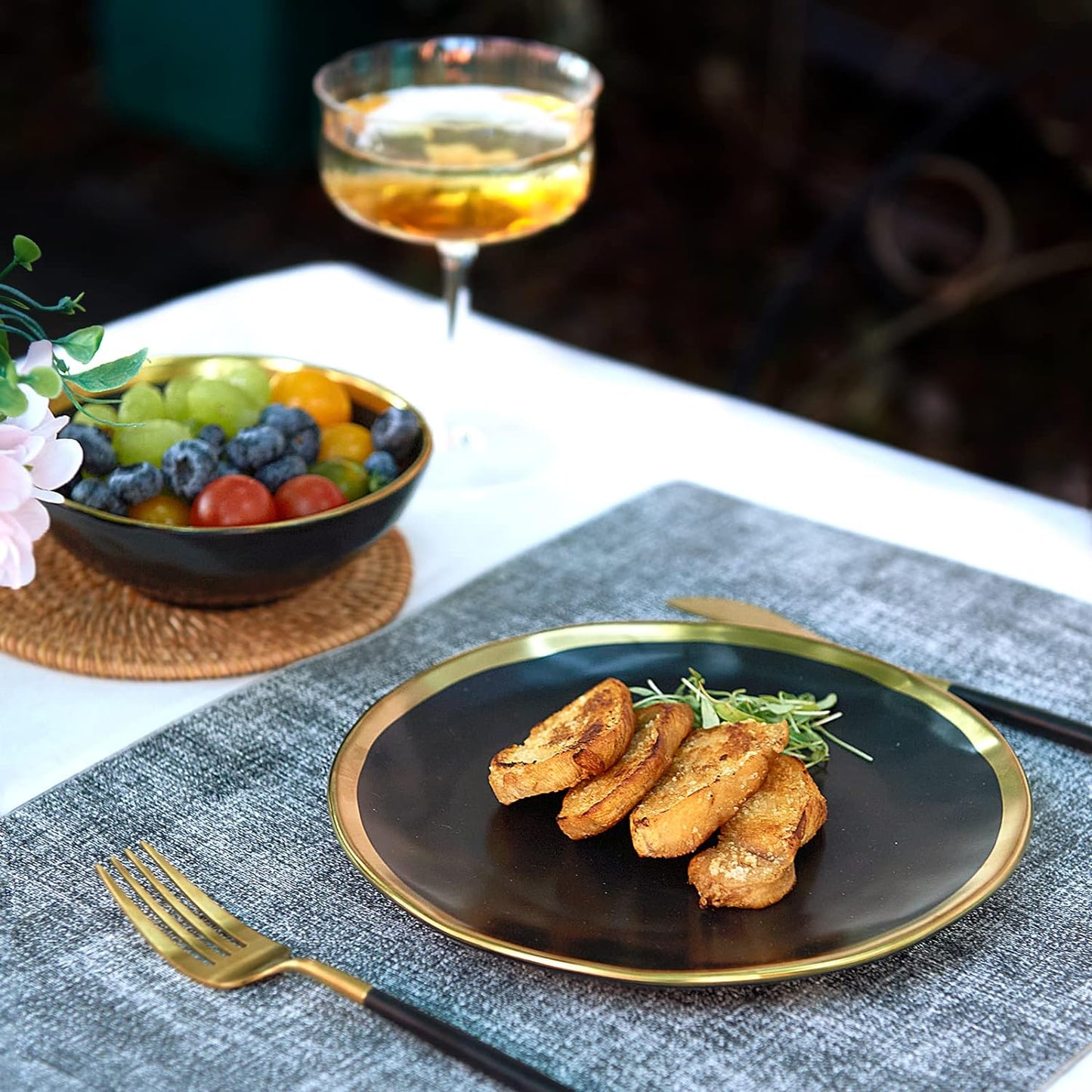 Matte Black Plates and Bowls Sets, 12 Piece Dinnerware Sets Service for 4, Dishes, round Dinner Plates, Bowls, Golden Rim Dish Set for Home Decor