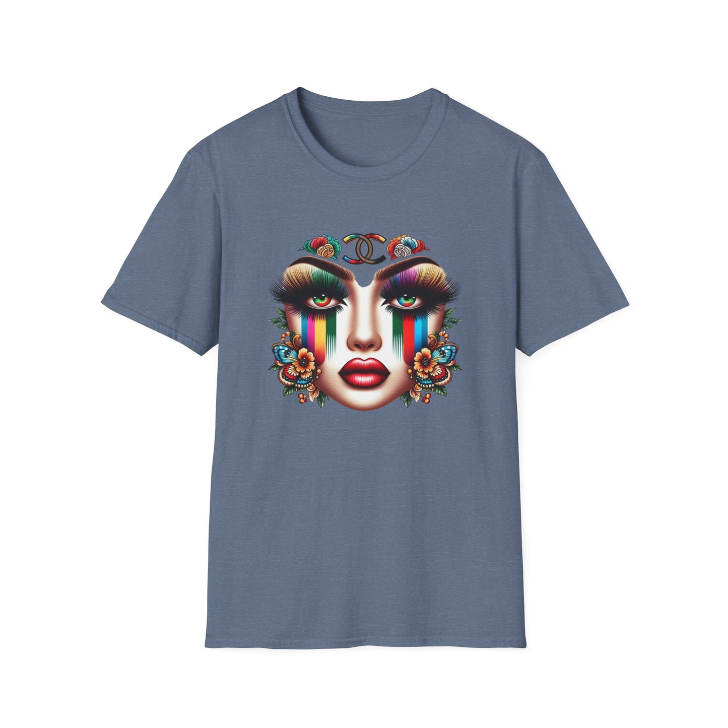 Gucci Inspired Vibrant Art Face Unisex Softstyle T-Shirt - Colorful Floral Design