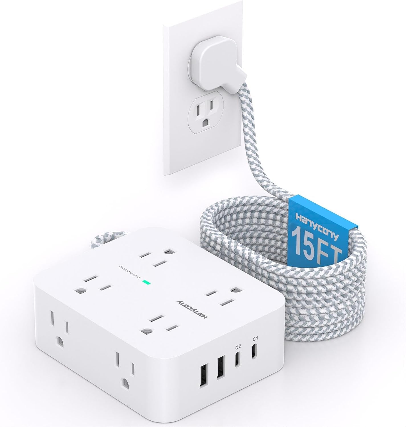 Surge Protector Power Strip - 8 Outlets with 4 USB (2 USB C) Charging Ports, Multi Plug Outlet Extender, 5Ft Braided Extension Cord, Flat Plug Wall Mount Desk USB Charging Station for Home Office ETL