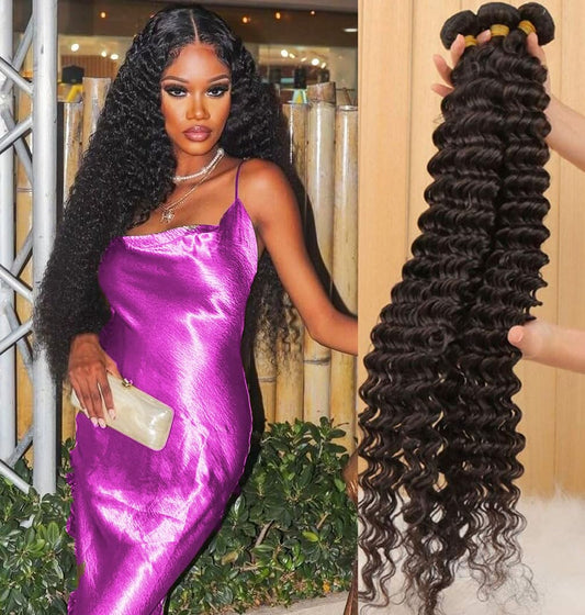 Deep Wave Human Hair 4 Bundles (22 24 26 28) 12A 100% Unprocessed Brazilian Virgin Remy Deep Curly Weave Human Hair Bundles Hair Weft Extensions Natural Black for Black Women