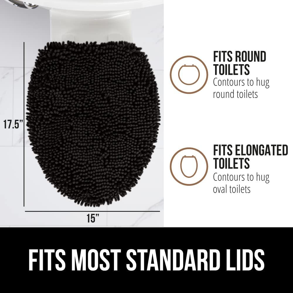 Soft Chenille Bathroom Toilet Lid Cover, Machine Washable Seat Covers, 17.5X15, Stays in Place Rubber Backing, Fits Most Round, Elongated and Oblong Lids, Accessories Decor, Black