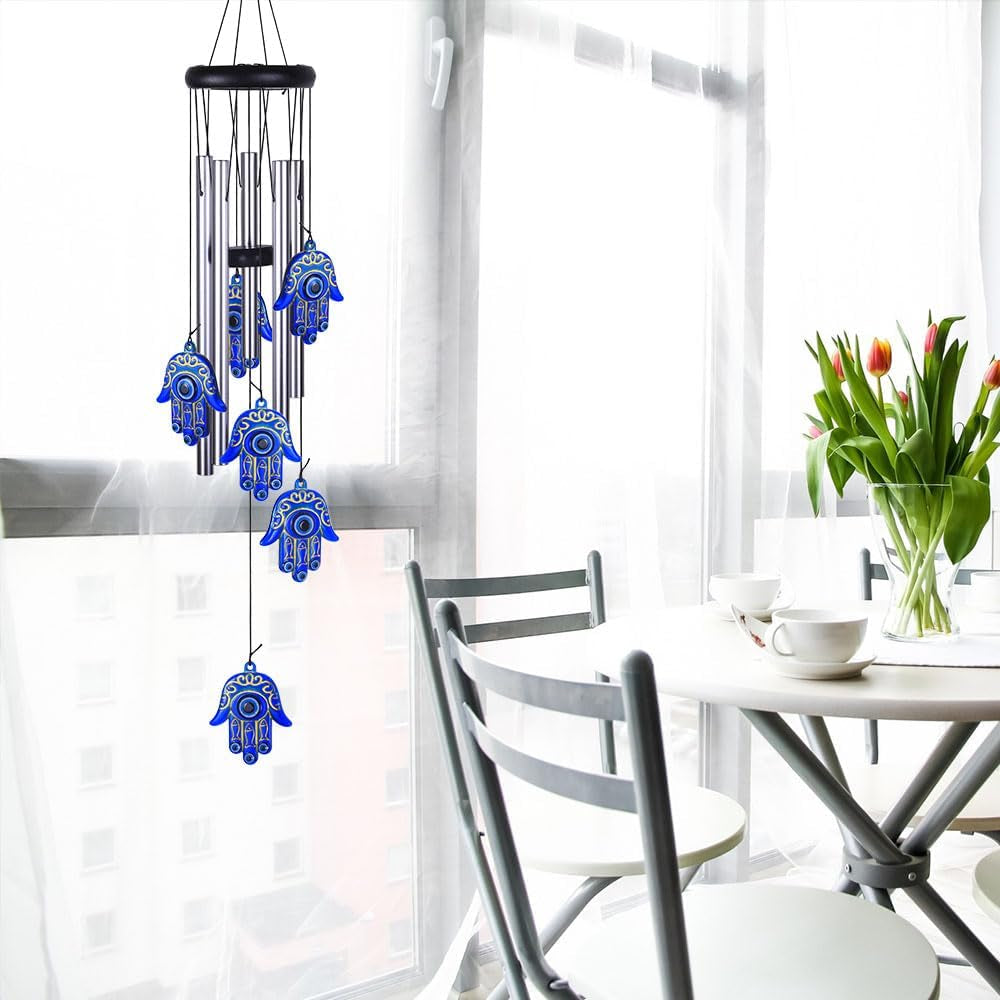 Blue Evil Eye Hamsa Hand Wind Chimes Outdoor Decoration, Hand of Fatima Windcatcher, Evil Eye Wind Bells, Hand of Fatima Blue Evil Eye Amulet Wind Chimes for Home, Gift for Mom, Balcony, Patio, Garden