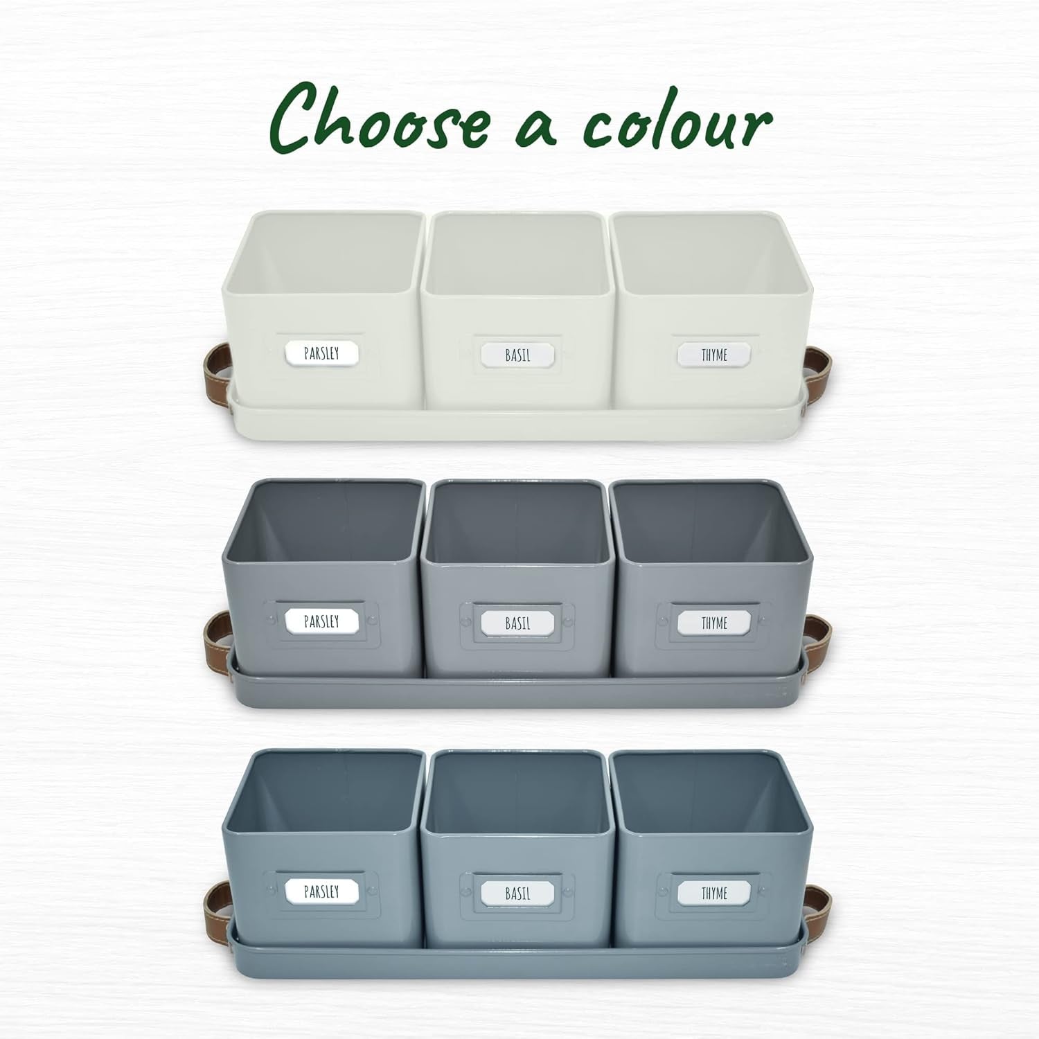 Herb Planter Indoor - Set of 3 Teal Blue Indoor Herb Garden Pots for Plants with Leather Handled Tray - Window Sill Plant Shelf - Herb Pots with Drainage Holes and Labels