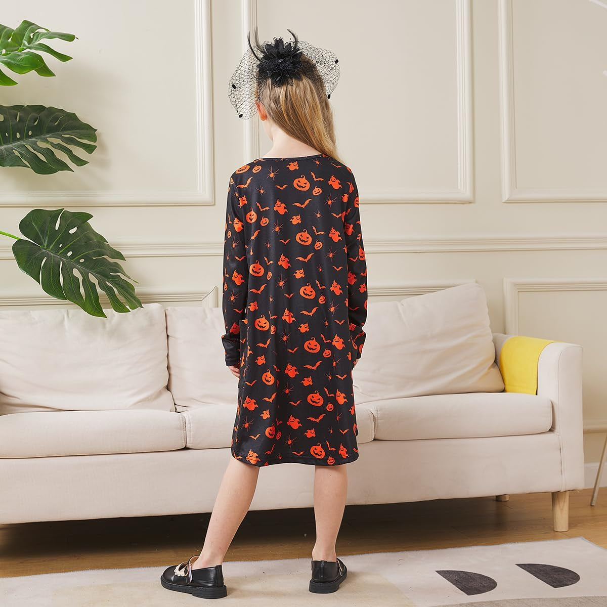 Girls Halloween Costumes Dresses for Kids Costume Dress Long Sleeve Printed Shirt Dresses with Pockets