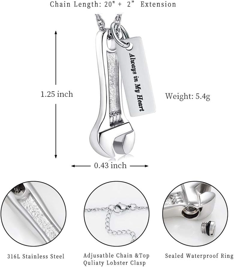 Wrench Urn Necklace for Ashes for Women Men Human Ashes Stainless Steel Hammer Cremation Jewelry for Ashes Pendant