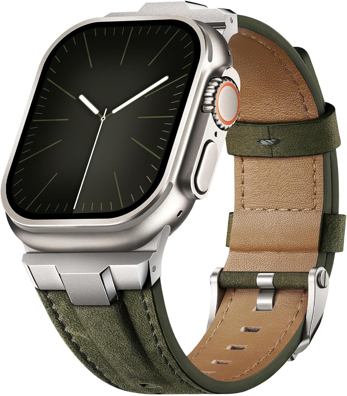 Leather Bands Compatible for Apple Watch Ultra Band 49Mm 46Mm 45Mm 44Mm 42Mm, Genuine Leather Rugged Durable Matel Connector Replacement Strap for Women Men Iwatch Ultra 10 9 8 7 6 5 4 3 SE