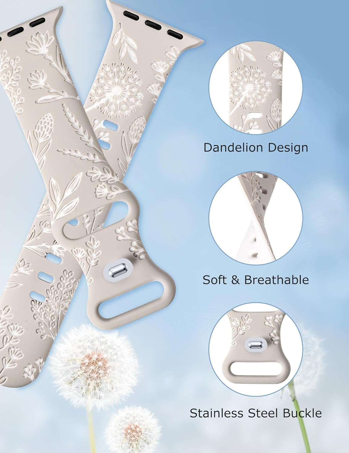 Floral Engraved Band Compatible with Apple Watch Bands 41Mm 40Mm 38Mm 49Mm 45Mm 44Mm 42Mm Women, Two-Tone Flower Soft Silicone Cute Sport Strap for Iwatch Series 9 8 7 6 5 4 3 2 1 SE Ultra 2