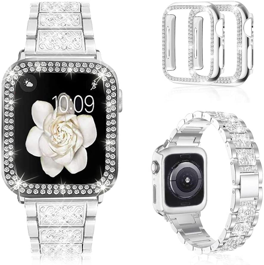 Compatible with Apple Watch Band 38Mm 40Mm 41Mm 42Mm 44Mm 45Mm 49Mm with 2 Pack Case Women, Jewelry Replacement Metal Wristband Strap with Bling PC Protective Case for Iwatch Ultra SE Series 9/8/7/6/5/4/3/2/1