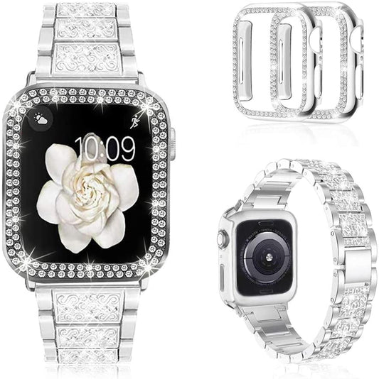 Compatible with Apple Watch Band 38Mm 40Mm 41Mm 42Mm 44Mm 45Mm 49Mm with 2 Pack Case Women, Jewelry Replacement Metal Wristband Strap with Bling PC Protective Case for Iwatch Ultra SE Series 9/8/7/6/5/4/3/2/1