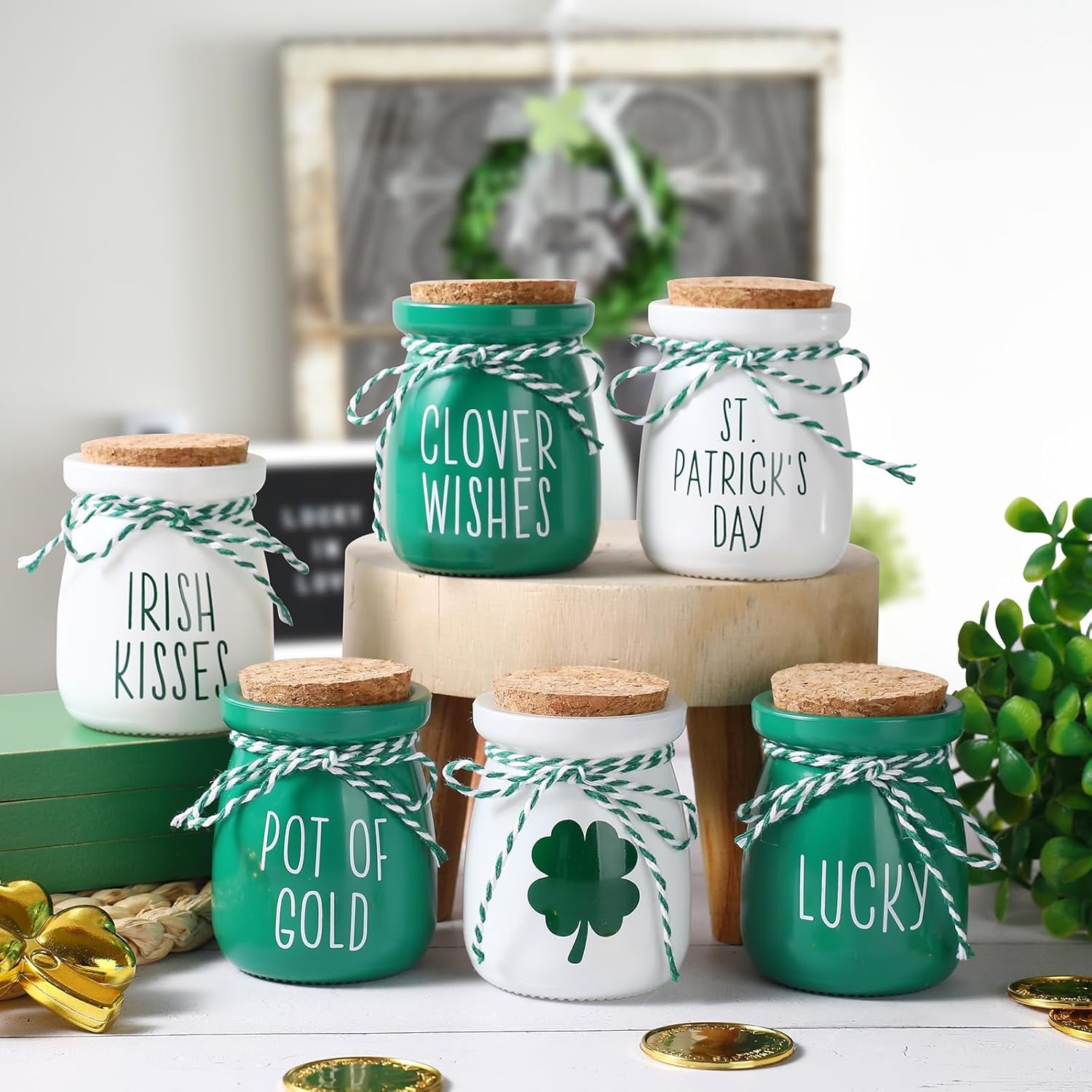 St Patricks Day Decorations - 6PCS St.Patrick'S Day Mini Jars -Farmhouse St Patricks Day Decor for Home Kitchen Table Fireplace Mantel Decor ﻿