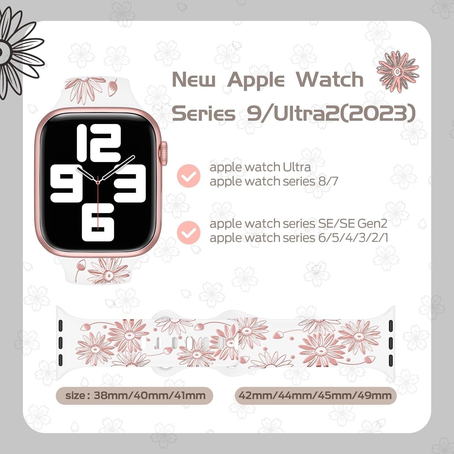 Designer Floral Engraved Band Compatible with Apple Watch Bands 40Mm 38Mm 41Mm 42/44/45/49Mm,Two-Tone Flower Soft Silicone Sport Strap for Iwatch Series 9 Ultra SE 8 7 6 5 4 3 2 Girl Pink