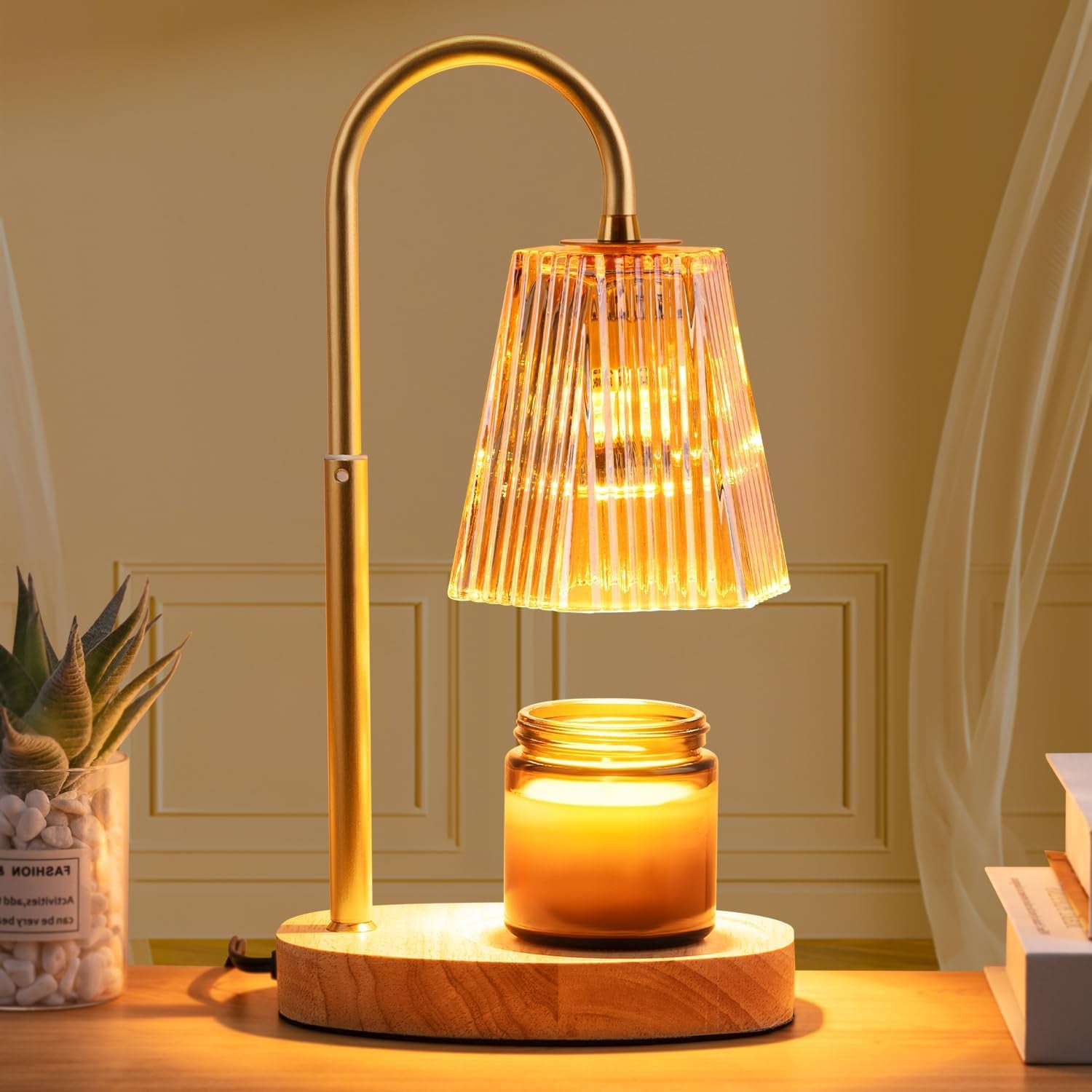 Candle Warmer Lamp - Dimmable Wax Melt Warmer with Amber Lampshade and 2 Bulbs for House Warming, Bedroom Decor