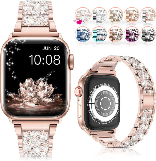 Compatible with Apple Watch Band 38Mm 40Mm 41Mm Series 9 8 7 6 5 4 3 2 1 SE Ultra for Women, Bling Replacement Bracelet Iwatch Band, Sparkle Diamond Rhinestone Stainless Steel Metal Wristband