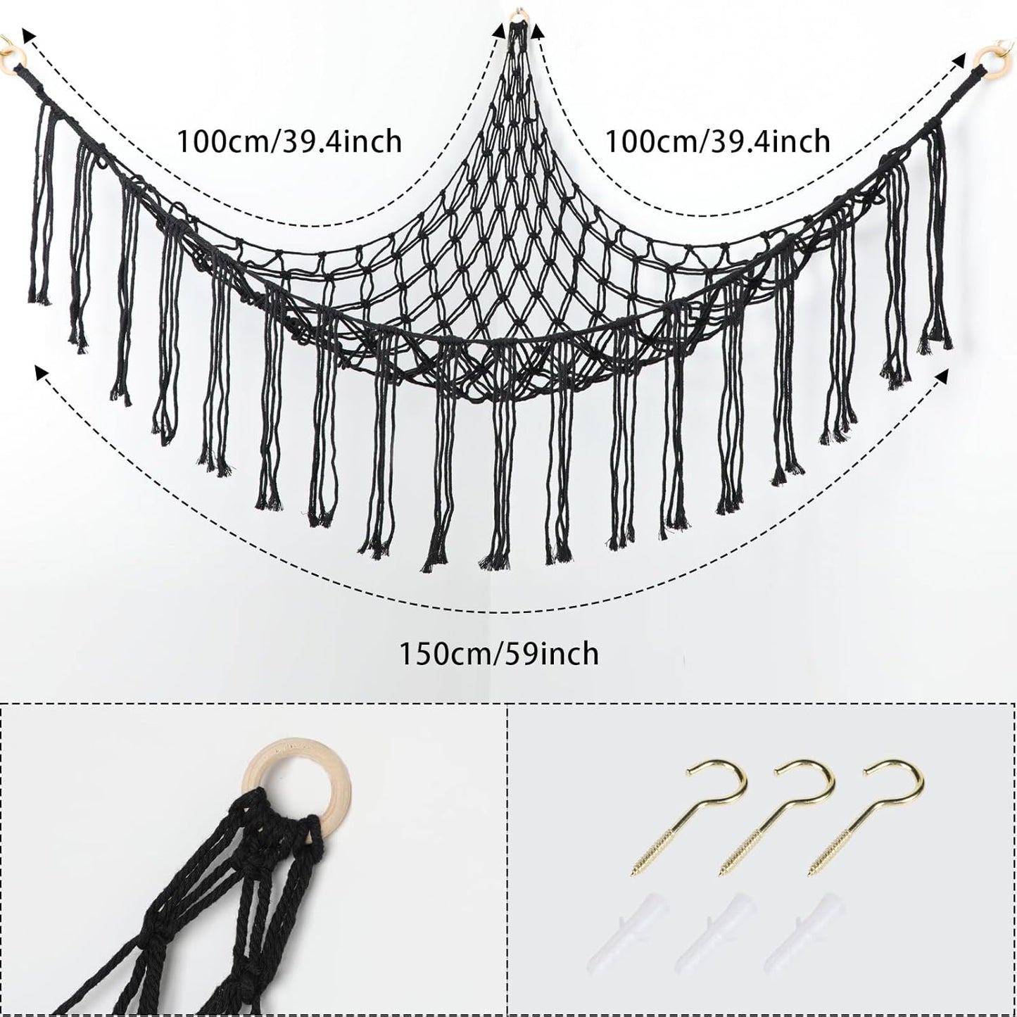 Boho Stuffed Animals Net or Hammock Large,55 Inch Toy Hammock Macrame Stuff Animal Storage Corner Hanging Net Holder,Mesh Hammock Plush Toy Organizer with Hooks for Bedroom,Nursery (Black)