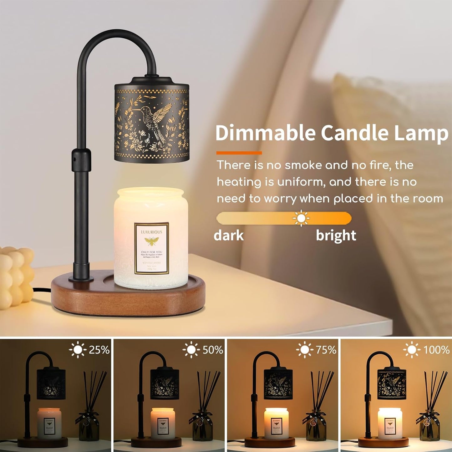 Dimmable Candle Warmer Lamp with Timer Adjustable Height for Scented Jar Candles Electric Candle Wax Melt Warmer for Home Decor Christmas Birthday Gifts for Women Mom(Hummingbird)