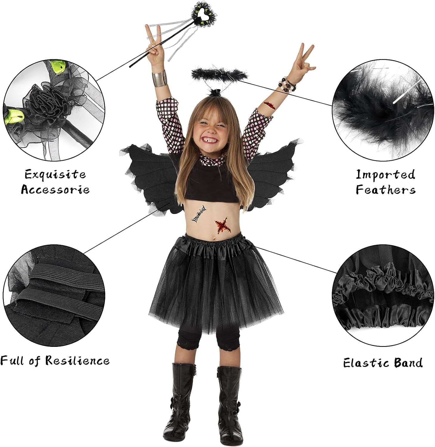 Black Angel Wings and Halo Costume for Girls 4-12, Set of 6 Fallen Angel Dress Halloween Costume Kit with Angel Wing, Halo, Dress, Devil Wand and Halloween Tattoo Stickers for Hallowee, Theme Parties