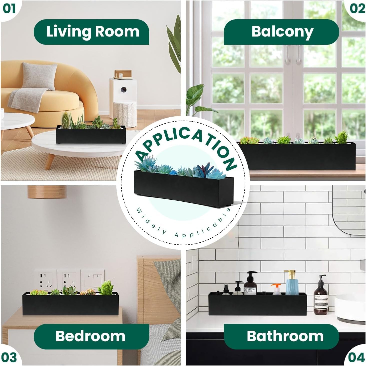 Trough Rectangle Planter Window Sill Planter Box Long Window Planters Modern Galvanized Steel Succulent Planter Black Metal Windowsill Pot 16 in for Indoor Plants Herb Table Home Outdoor