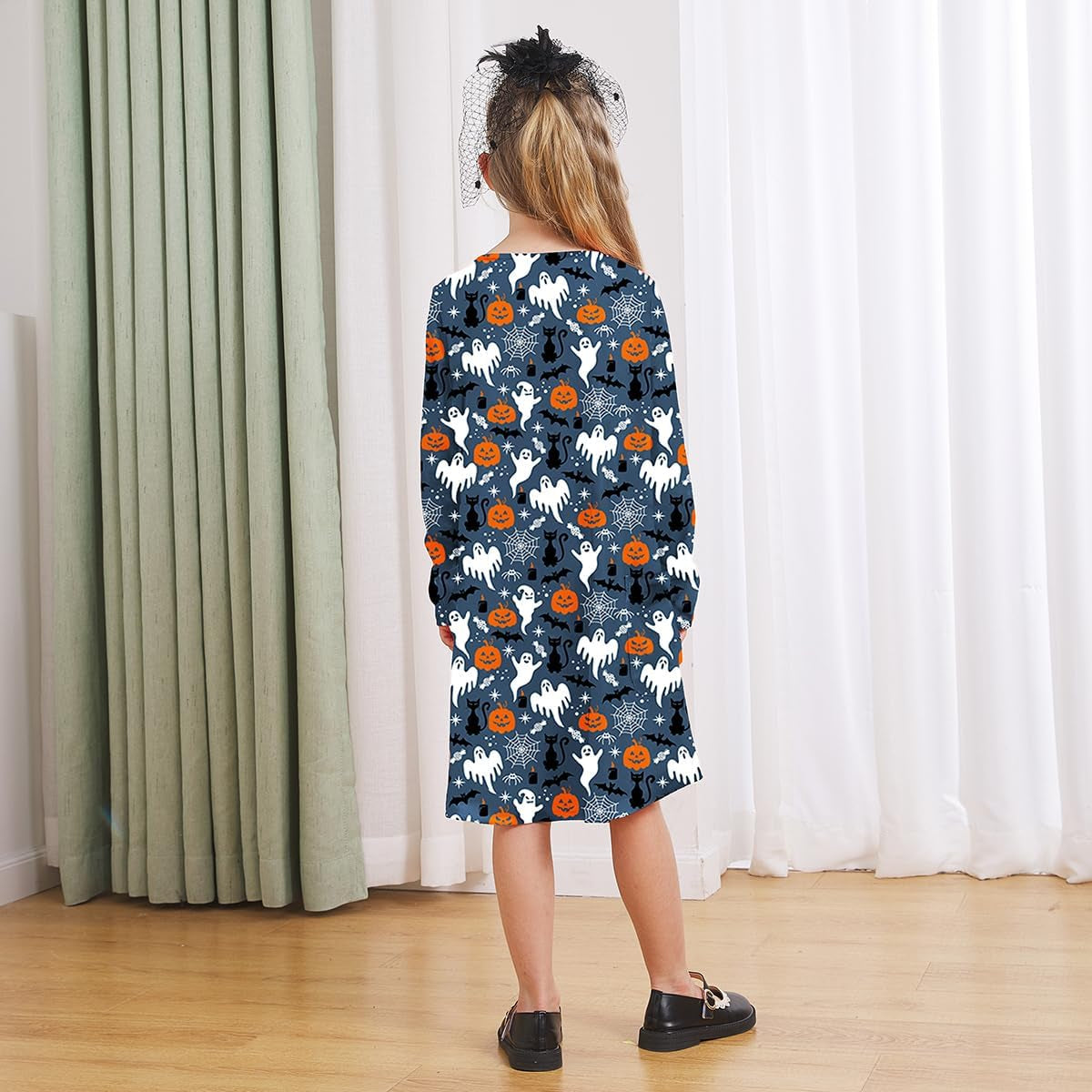 Girls Halloween Costumes Dresses for Kids Costume Dress Long Sleeve Printed Shirt Dresses with Pockets