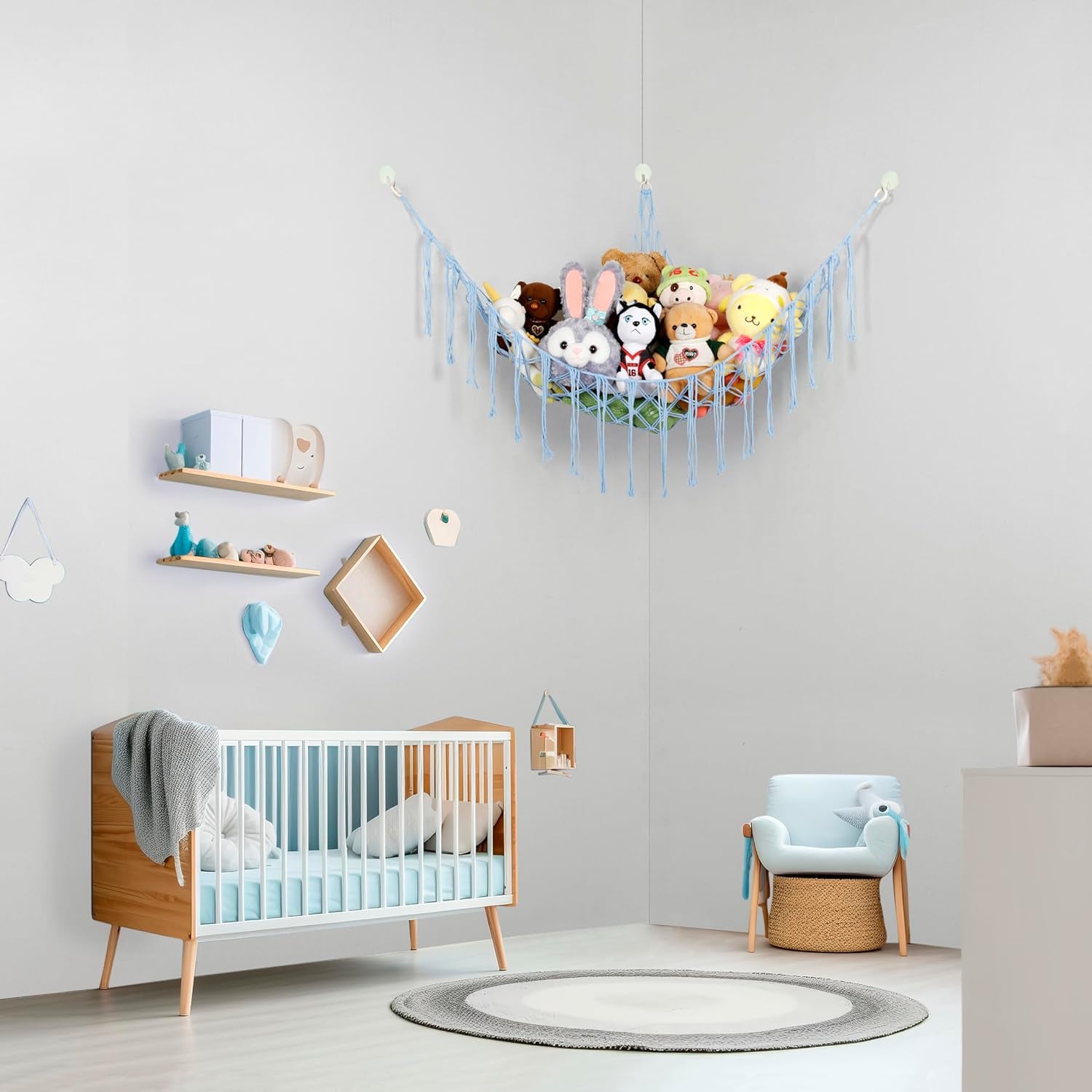 Boho Stuffed Animals Net or Hammock Large,55 Inch Toy Hammock Macrame Stuff Animal Storage Corner Hanging Net Holder,Mesh Hammock Plush Toy Organizer with Hooks for Bedroom,Nursery (Deep Blue)