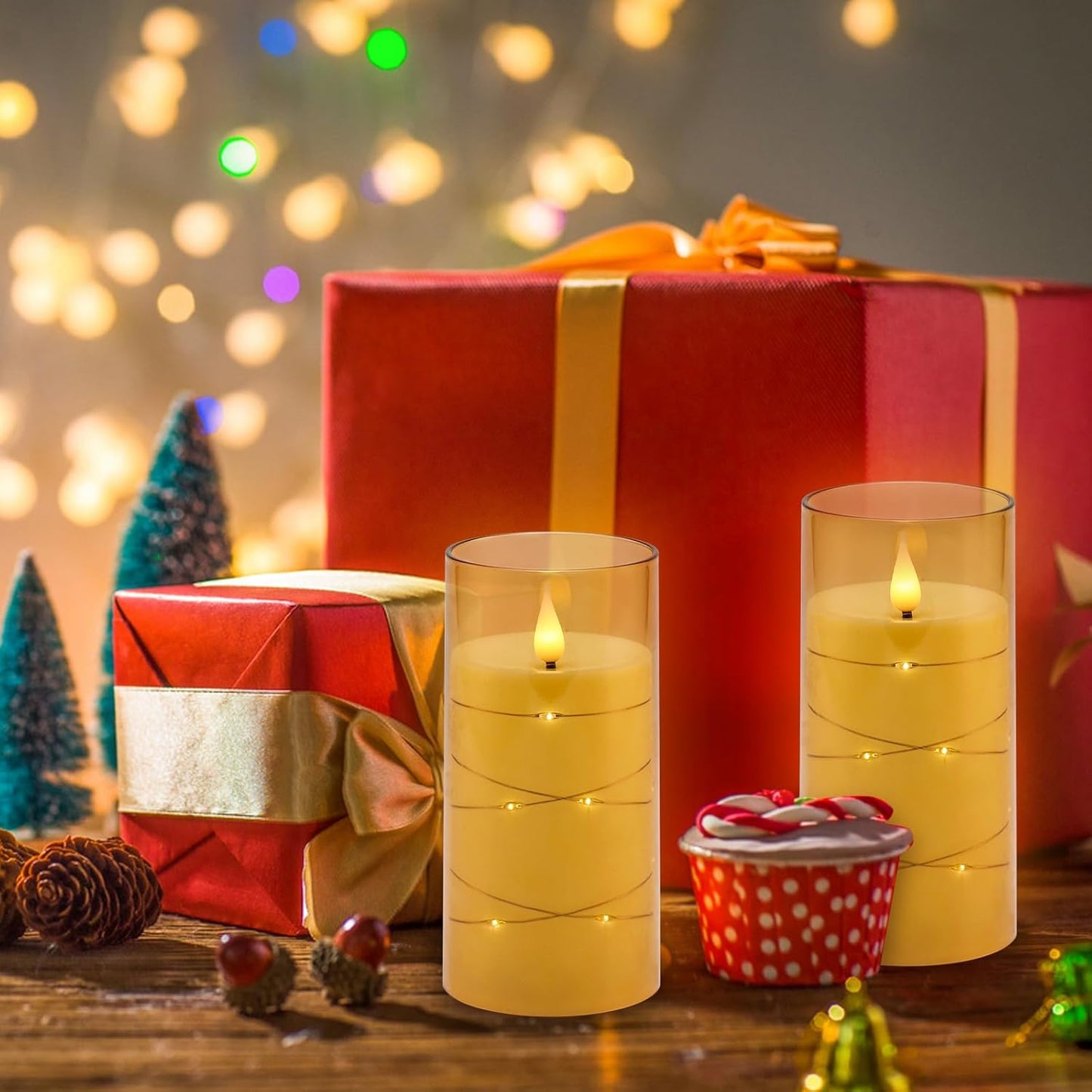 Flickering Flameless Candles Battery Operated Candles LED Candles with Remote Timer for Home/Wedding/Birthday/Holiday Decor ，Brown 3D Flame Set of 2 (D3 Xh6 6")