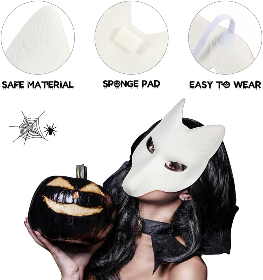 Blank Fox Mask, 2Pcs Halloween Fox Mask DIY Blank Mask Fox Japanese Kabuki Masks White Paintable Mask for Halloween Masquerade Costume Prop