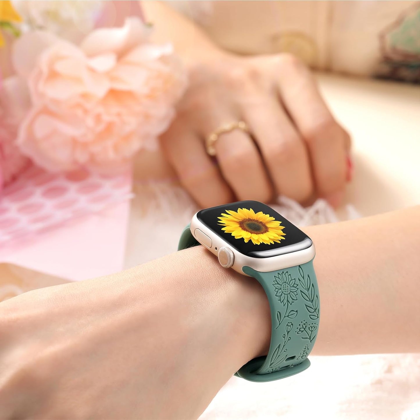 6 Pack Floral Engraved Bands Compatible with Apple Watch Band 44Mm 40Mm 38Mm 41Mm 45Mm 49Mm 42Mm Women, Soft Silicone Cute Flower Pattern Sport Strap for Iwatch Bands Series Ultra Ultra 2 SE 9 8 7 6 5 4 3 2 1