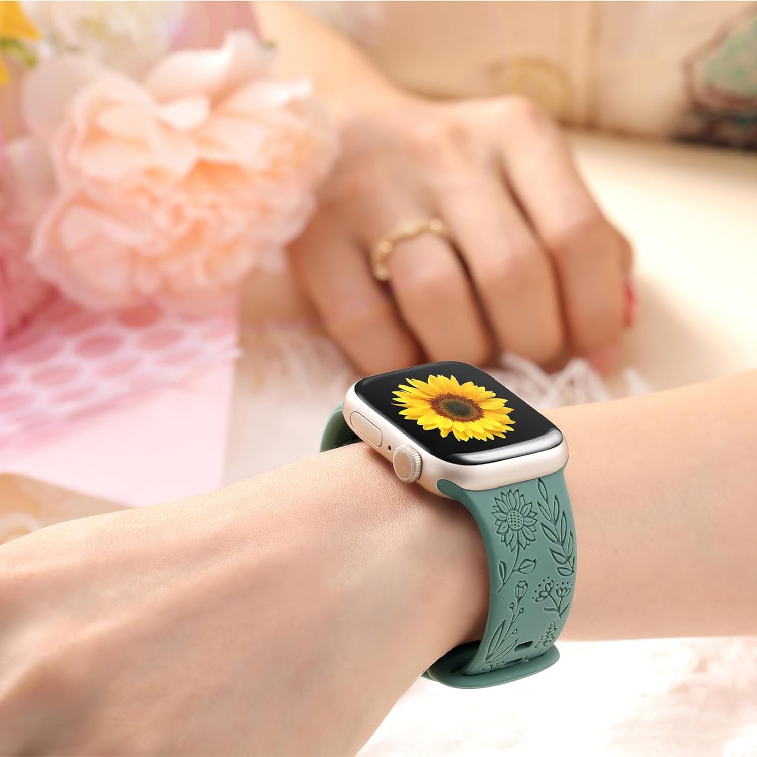 6 Pack Floral Engraved Bands Compatible with Apple Watch Bands for Women 40Mm 41Mm 42Mm 38Mm 44Mm 45Mm 46Mm 49Mm, Soft Silicone Cute Flower Pattern Sport Strap for Iwatch Series 10 9 8 7 6 5 4 3 2 1 Ultra SE