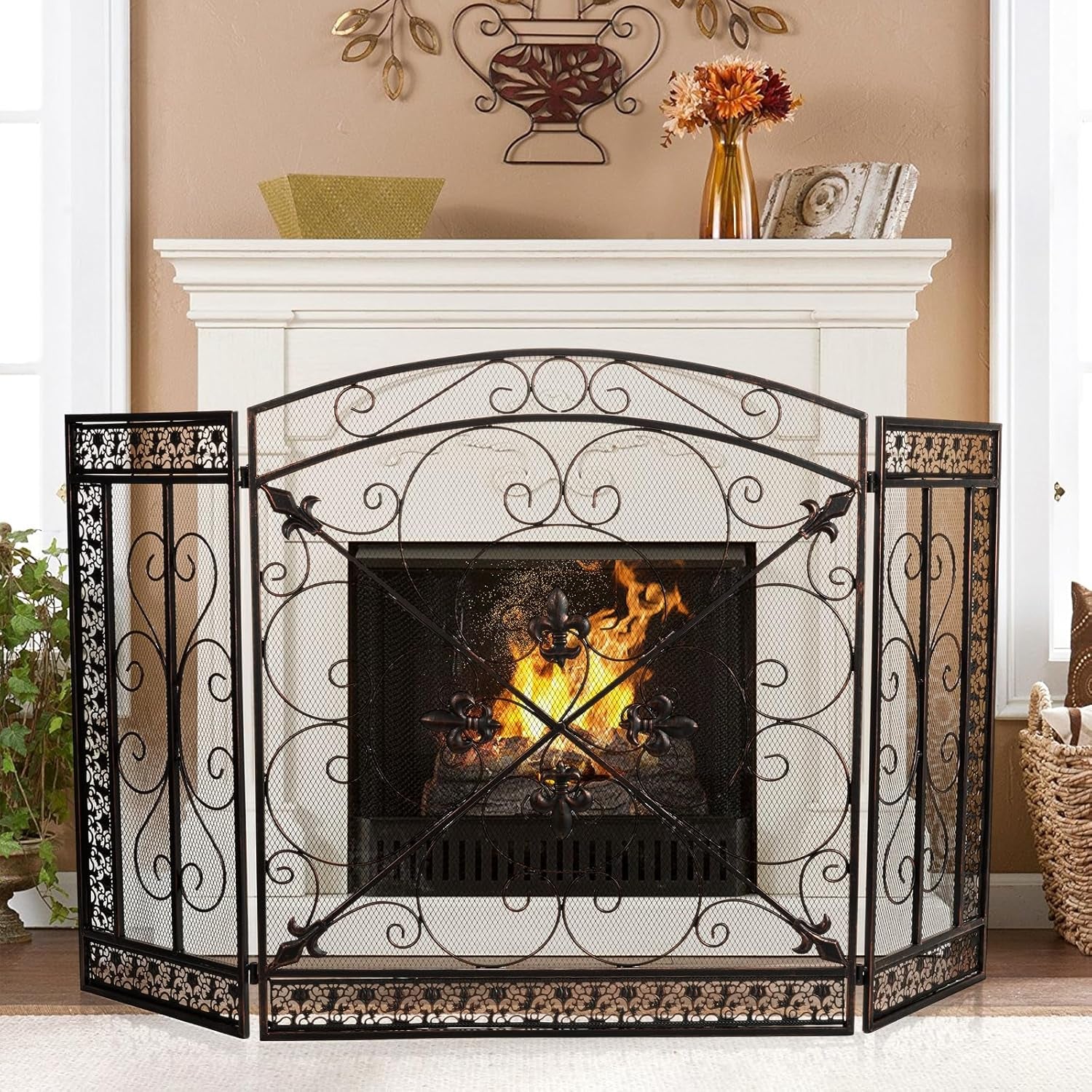 Fireplace Screen 3 Panel Folding Fireplace Screens 52.4 X 31 Inch Metal Furnace Fireguards Mesh Cover Baby Safe Proof Fence Spark Guard Cover Wrought Iron Fire Place Standing Gate (Bronze)