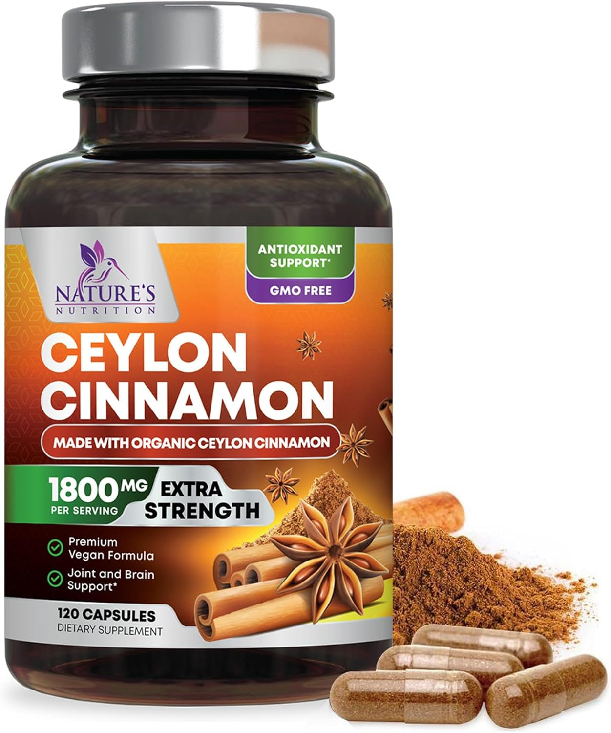 Organic Ceylon Cinnamon Supplement 1800Mg - Certified Organic Ceylon Cinnamon Powder Pills - Energy & Heart Support for Women & Men, Bottled in USA, Antioxidant, Gluten Free, Non-Gmo - 240 Capsules TLBH