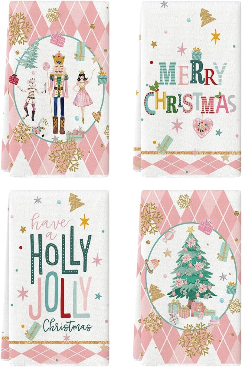 Pink Nutcrackers Tree Holly Jolly Merry Christmas Kitchen Towels Dish Towels, 18X26 Inch Seasonal Winter Xmas Decoration Hand Towels Set of 4