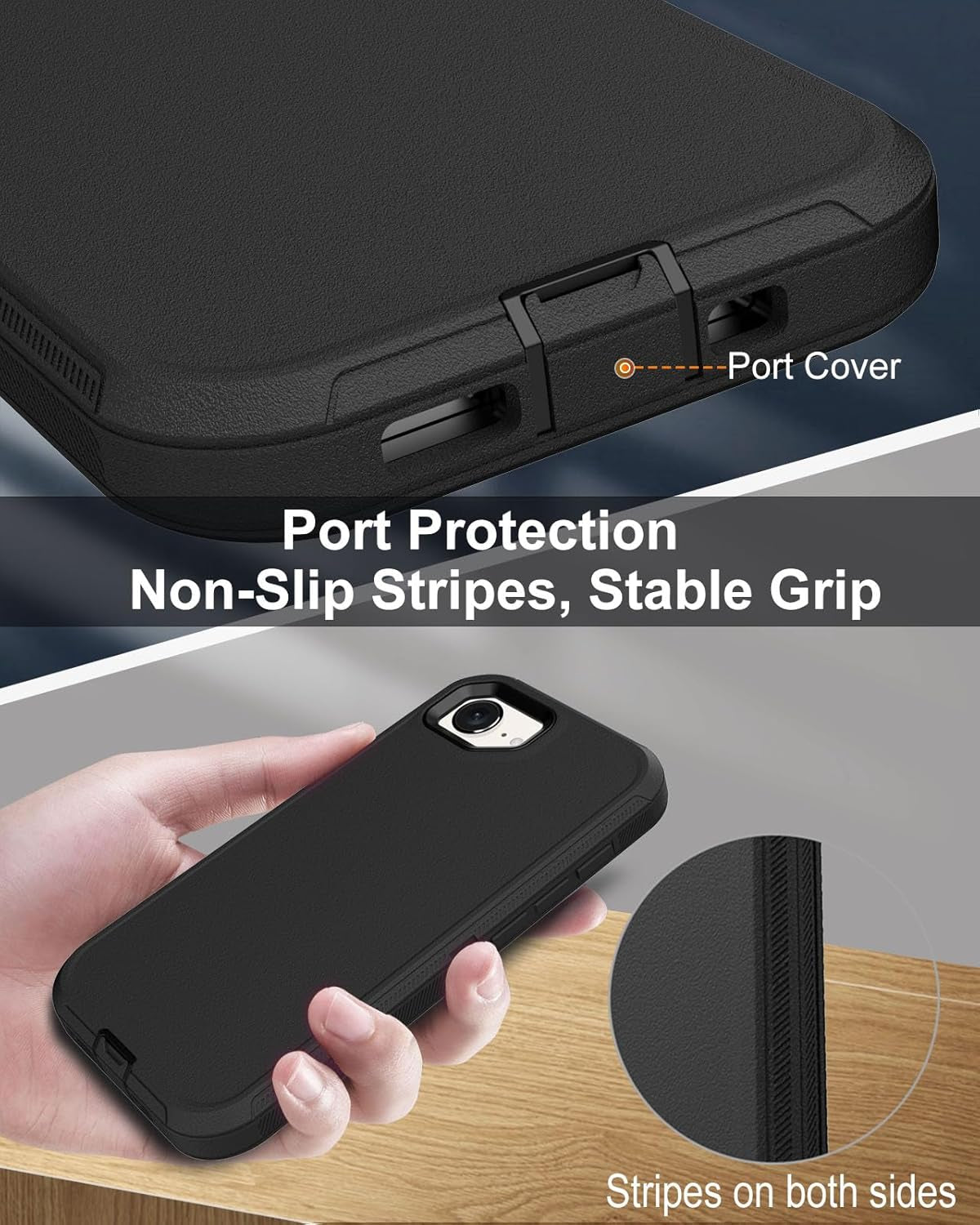For Iphone16E Case, 16Ft Drop Protection, with Dustproof Port Cover, Full-Body Shockproof Heavy Duty Phone Case for Iphone 16E(2025), Black