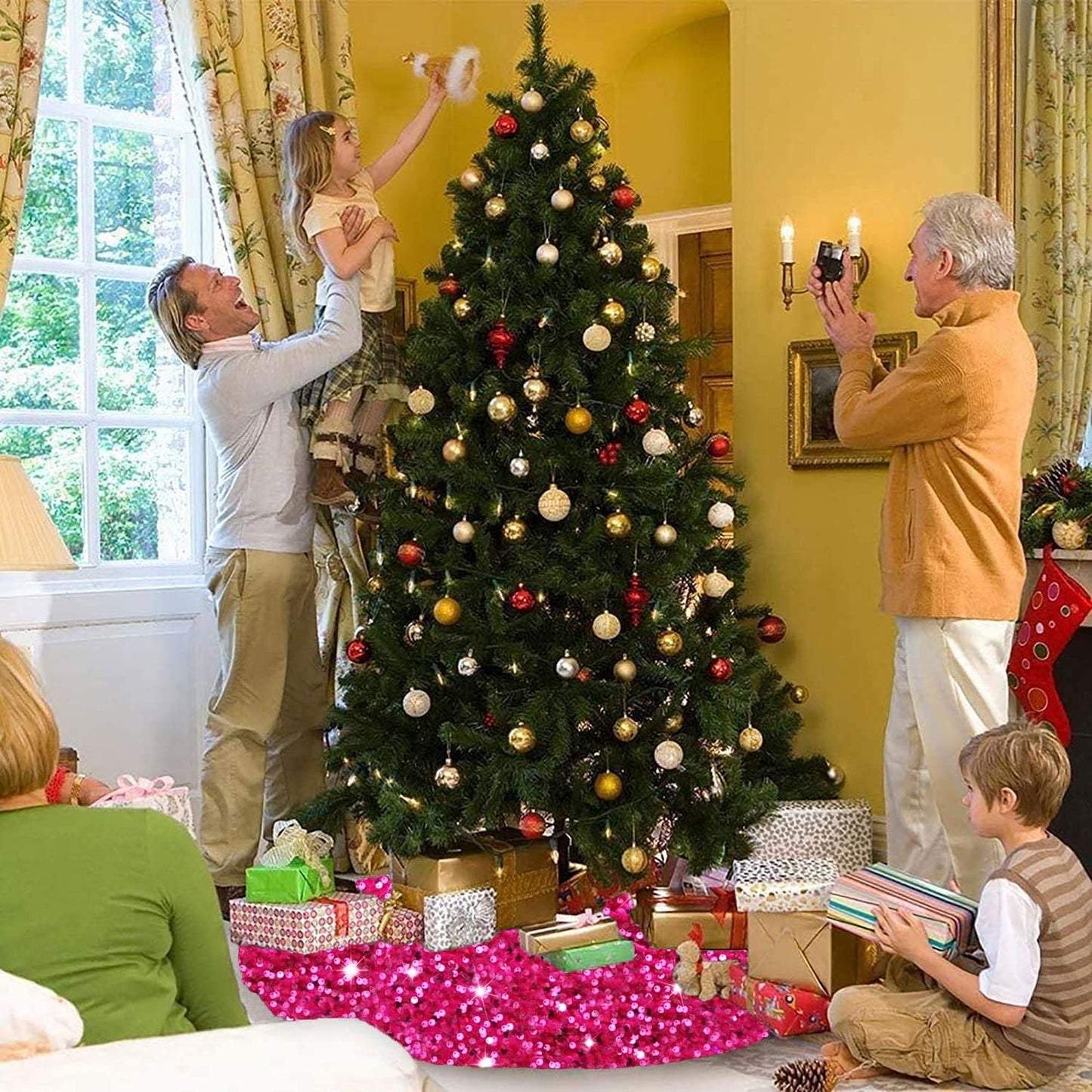 Hot Pink Christmas Tree Skirt 46 Inch Sparkle Sequin Christmas Tree Skirt Fuchsia Xmas Tree Skirt for Thanksgiving Holiday with Embroidered Tree Cover Mat Shiny Tree Carpet Classic Tree Floor Mat