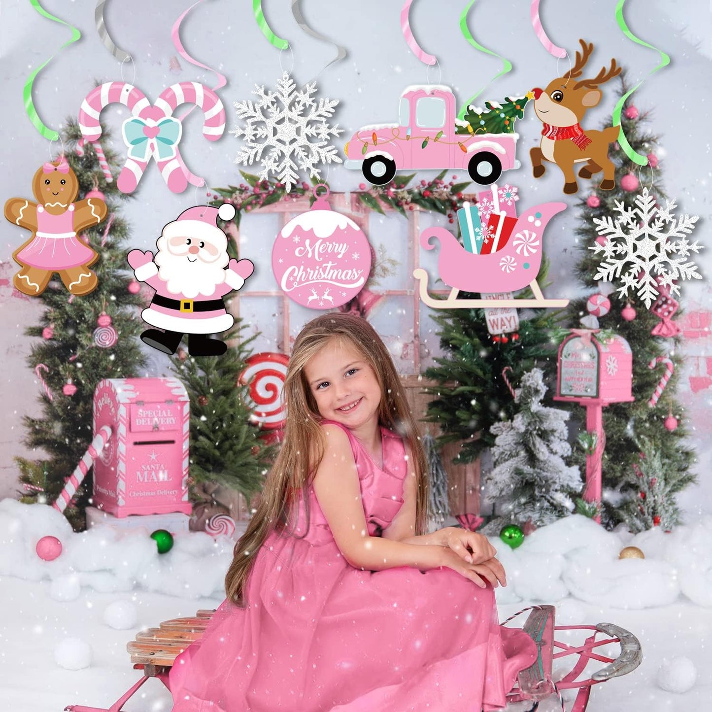 Christmas Party Decorations,Pink Cute Christmas Theme Party Hanging Swirls Foil Ceiling Decor for Christmas, Birthday Party Supplies&Baby Shower Winter Party