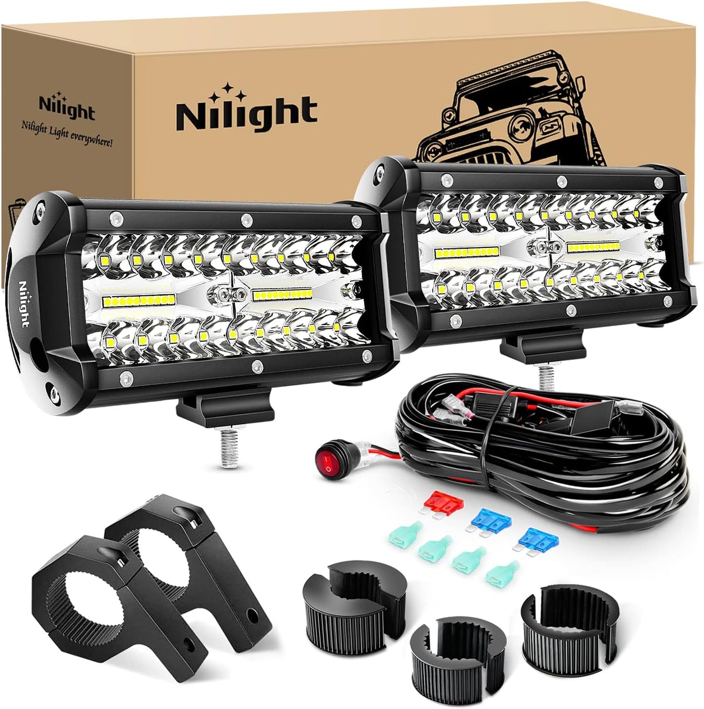 LED Pods 2Pcs 6.5 Inch 120W Triple Row Light Bar Flood Spot Combo 12000LM Driving Fog off Road Lighting for Trucks Pickup Golf Cart SUV ATV UTV 4X4 Van Camper Boat