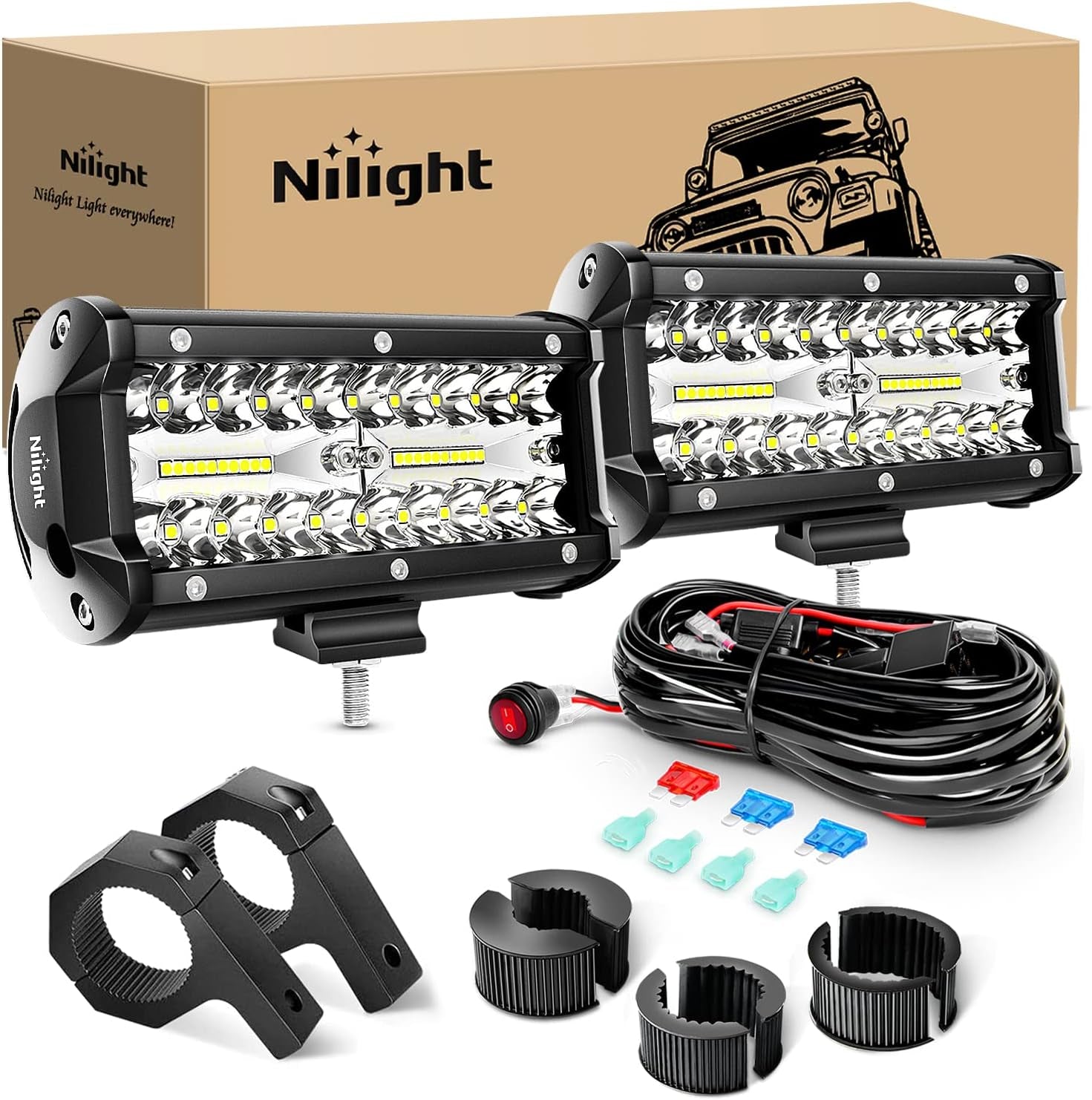 LED Pods 2Pcs 6.5 Inch 120W Triple Row Light Bar Flood Spot Combo 12000LM Driving Fog off Road Lighting for Trucks Pickup Golf Cart SUV ATV UTV 4X4 Van Camper Boat