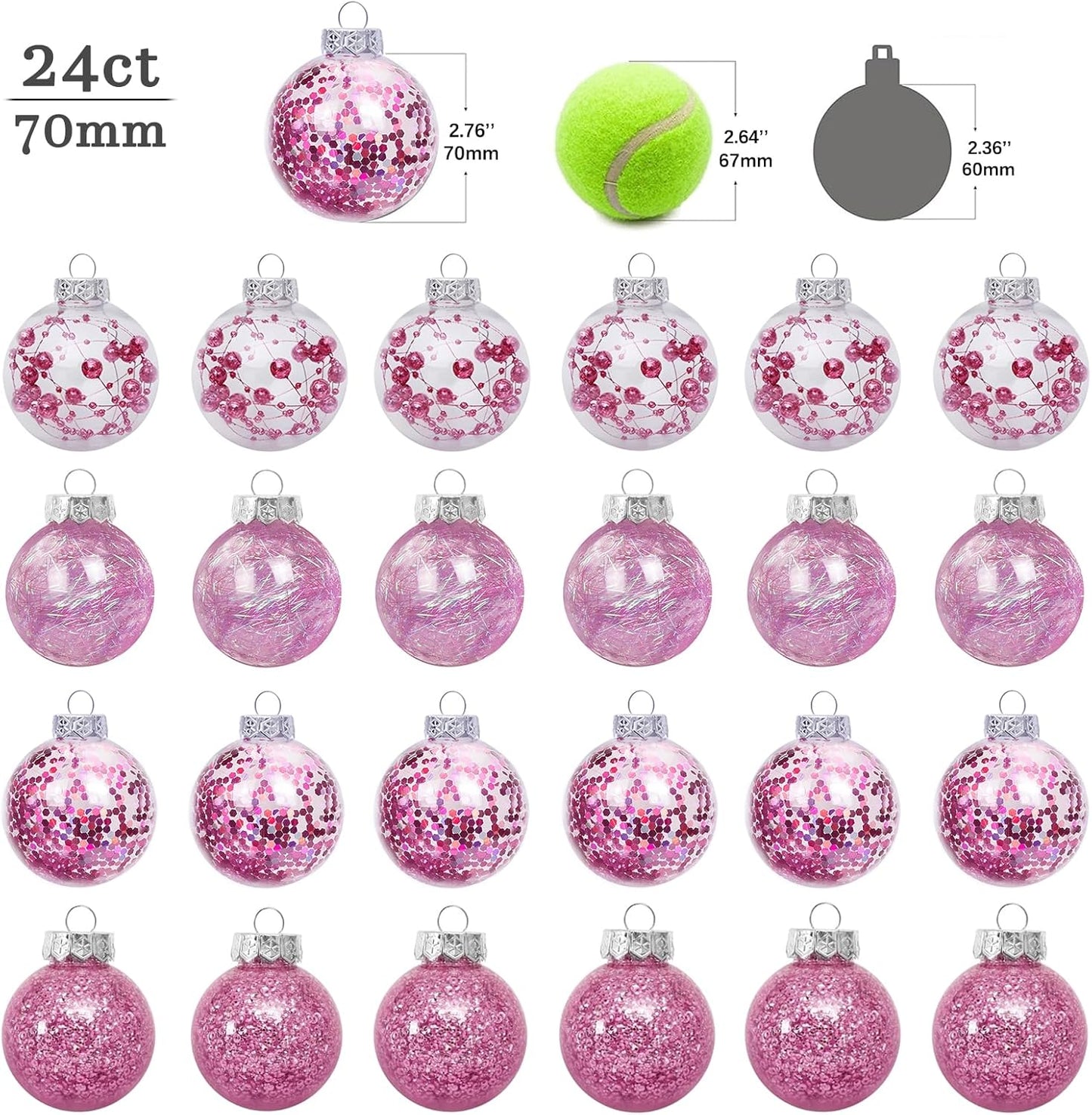 24Ct Clear Christmas Ball Ornaments, 2.76''/70Mm Shatterproof Hanging Xmas Balls Baubles Set for Christmas Tree with Stuffed Delicate Decorations for Wedding Christmas (Pink)